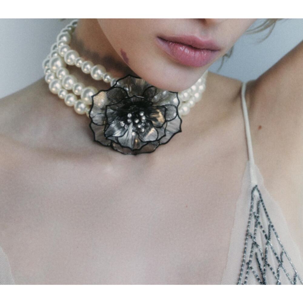 Zara Pearl Multi-Strand Choker with Black Floral Accent